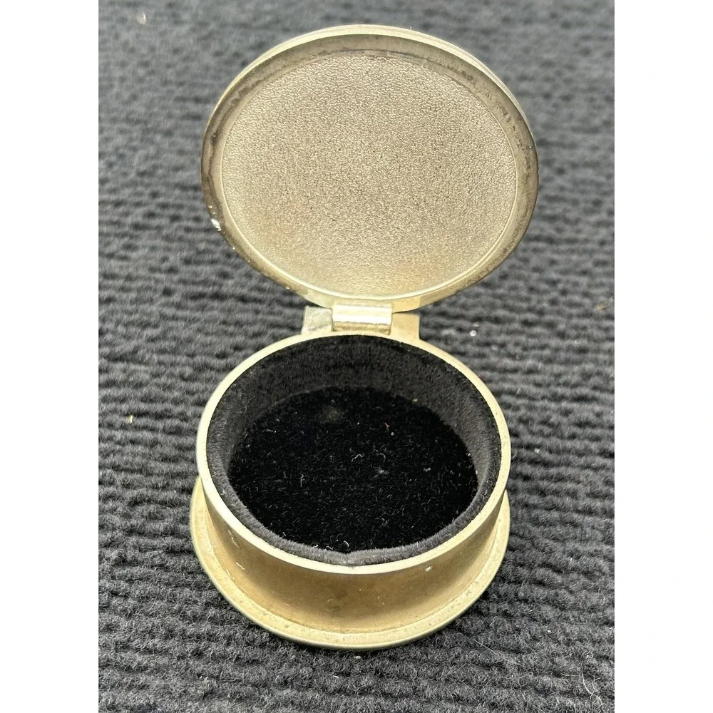 Vintage‎ Brass Round Jewelry Ring Box Faceted Glass Lid Velvet Lined Trinket Box